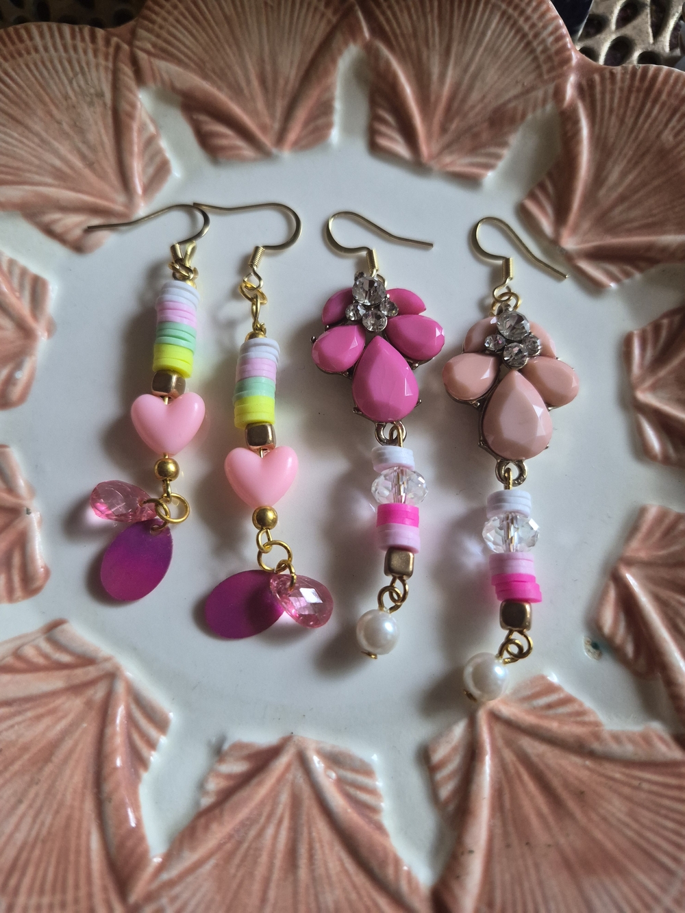 Colorful Pink Dangle Earring Set - Heart & Floral Accents